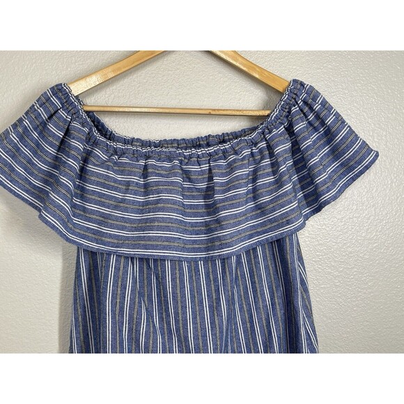 Love Riche | Off Shoulder Mini A-Line Dress Striped Linen‎ Cotton Blue | Medium - Picture 5 of 12